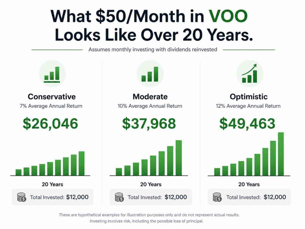 Investing $50 a month in VOO — conservative, moderate, and optimistic 20-year scenarios