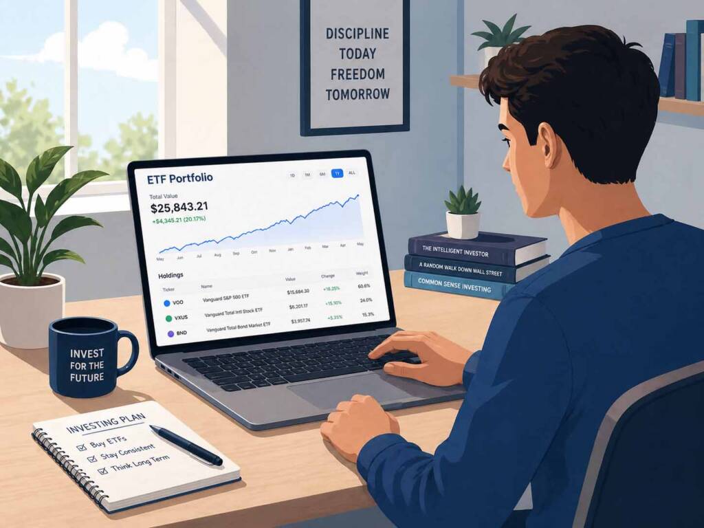 Beginner investor learning about ETF investing on a laptop