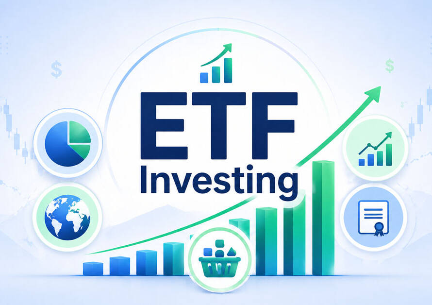 ETF investing illustration showing growth chart with diversified fund icons in a modern financial design