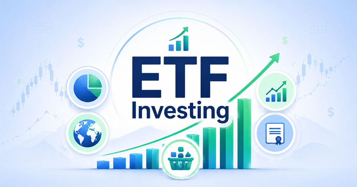 ETF investing illustration showing growth chart with diversified fund icons in a modern financial design