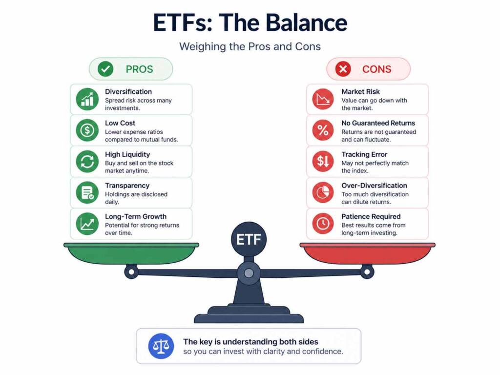 Pros and cons of ETF investing illustrated as a balanced scale