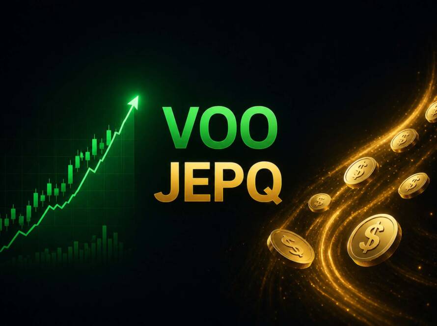 VOO vs JEPQ ETF strategy showing growth vs income with stock chart and dividend illustration