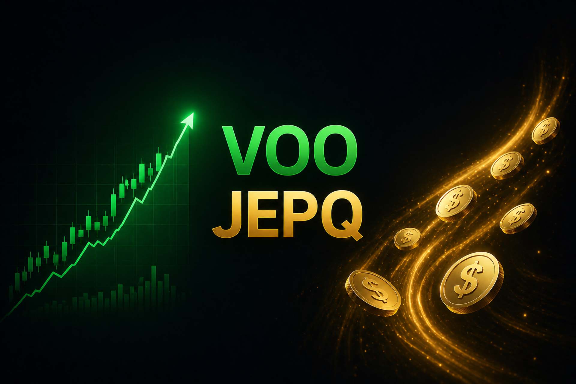 VOO vs JEPQ ETF strategy showing growth vs income with stock chart and dividend illustration