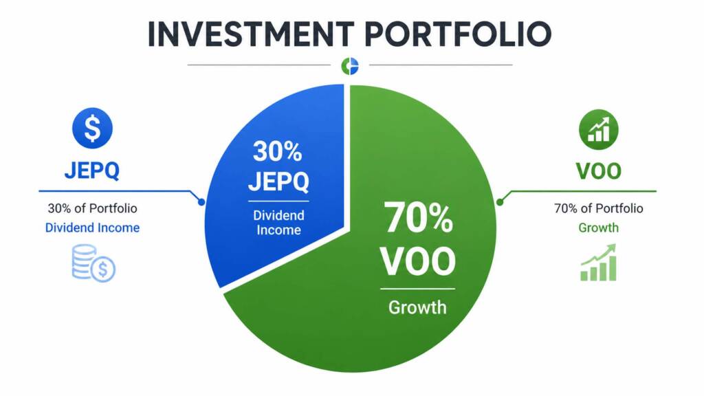 Sample hybrid investment portfolio pie chart showing 70% VOO growth allocation and 30% JEPQ dividend allocation