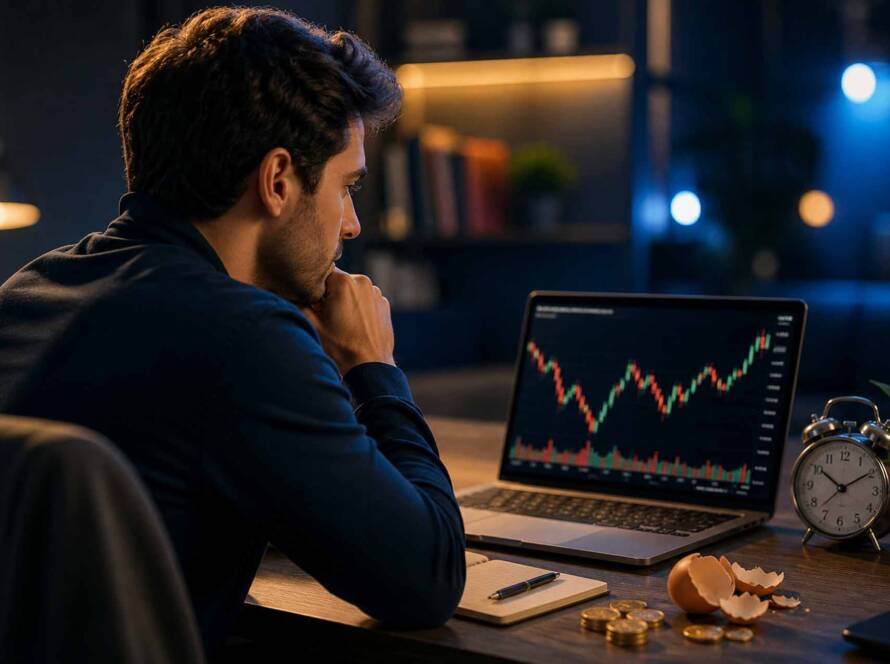 Beginner investor sitting at desk reviewing stock chart mistakes to avoid