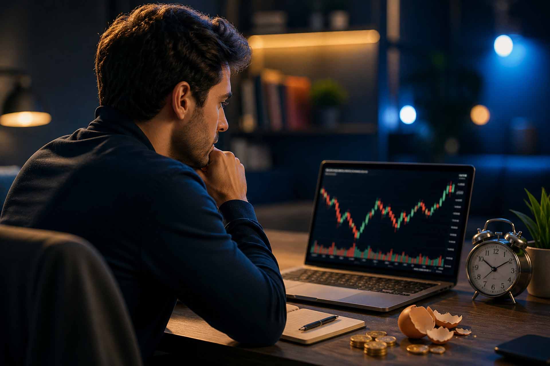 Beginner investor sitting at desk reviewing stock chart mistakes to avoid