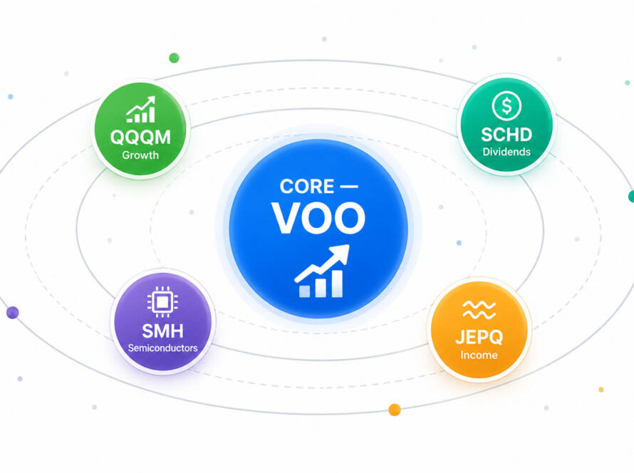 Core and satellite portfolio strategy diagram showing VOO as the core ETF surrounded by satellite holdings like QQQM, SCHD, SMH, and JEPQ