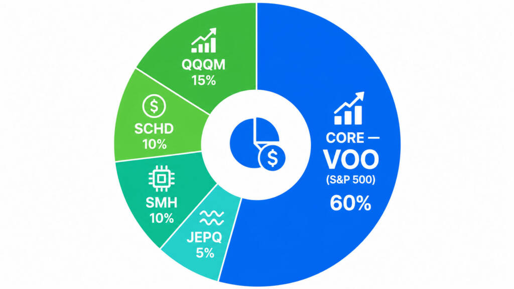 Core and satellite portfolio allocation breakdown β pie chart showing VOO core at 60% surrounded by satellite ETF positions including QQQM, SCHD, SMH, and JEPQ