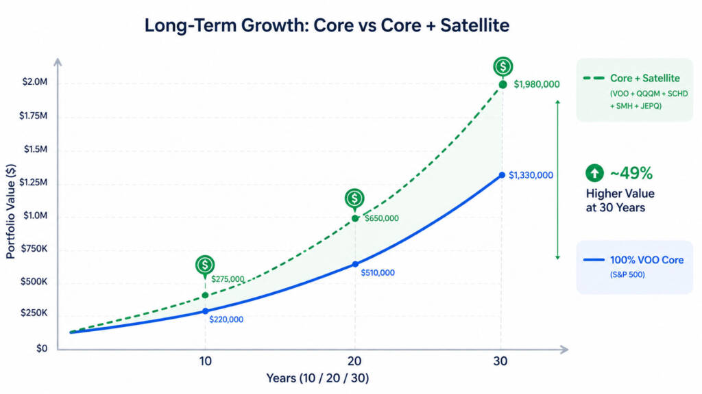 Core and satellite portfolio 30-year compounding simulation chart comparing pure VOO core versus VOO plus satellite ETF allocation for long-term wealth building