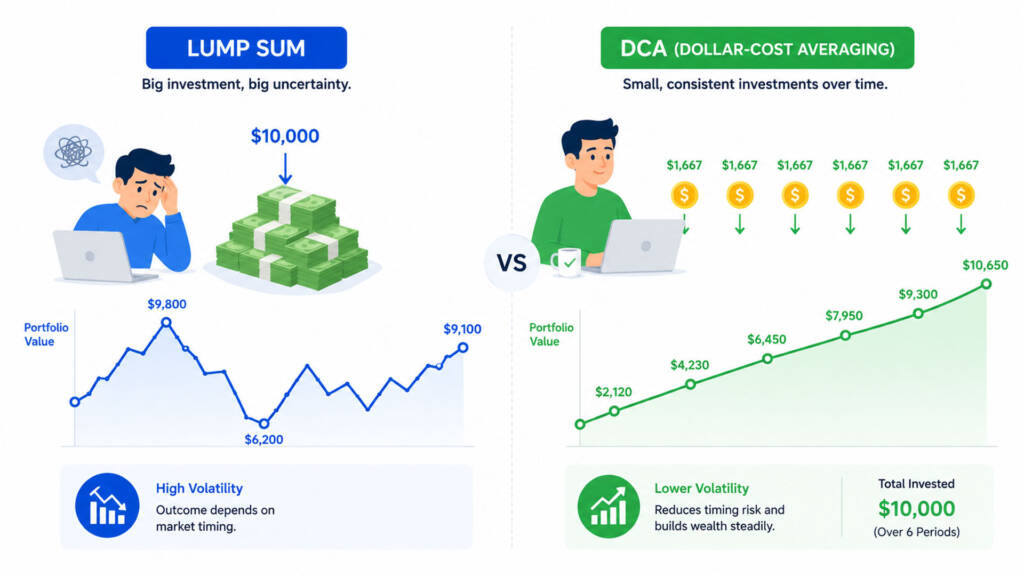 DCA vs lump sum investing comparison showing stress-free dollar-cost averaging benefits for beginner investors