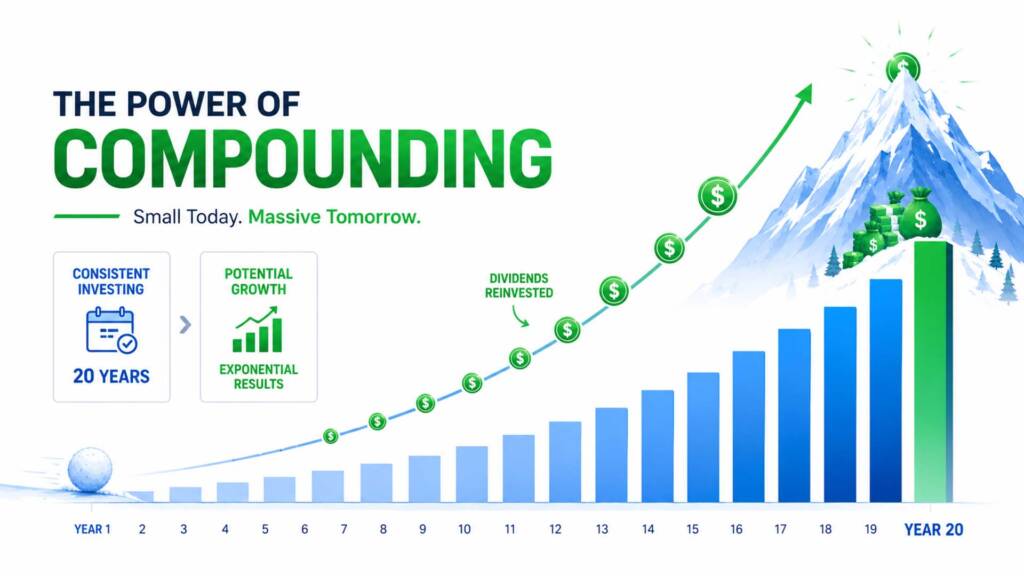Dividend snowball effect compounding chart showing portfolio growth over 20 years with reinvested dividends