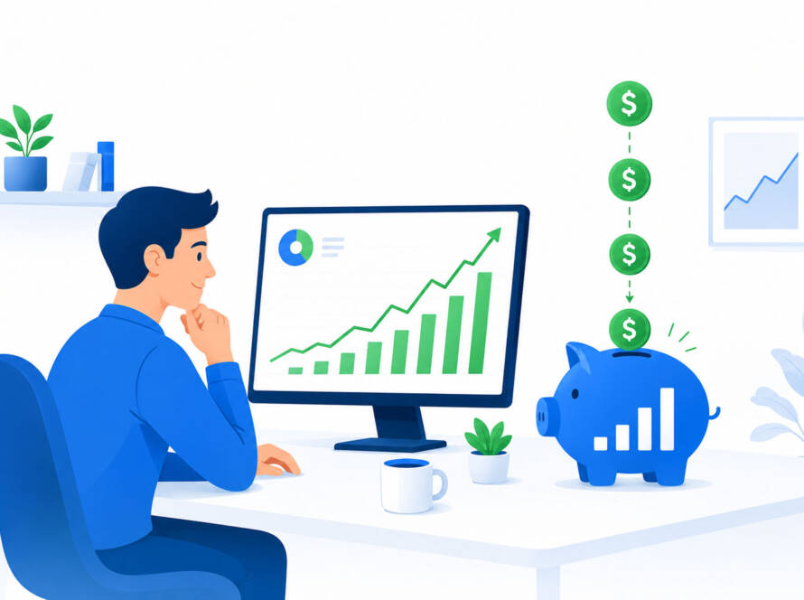 Dollar-cost averaging explained — a beginner investor consistently adding money to an ETF portfolio over time on a clean flat illustration