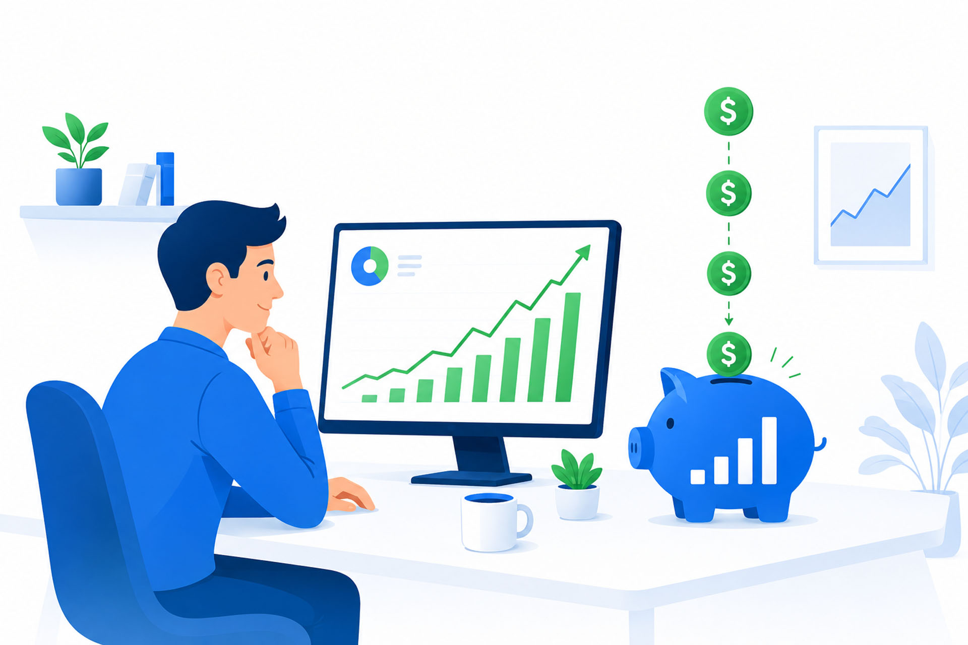 Dollar-cost averaging explained — a beginner investor consistently adding money to an ETF portfolio over time on a clean flat illustration