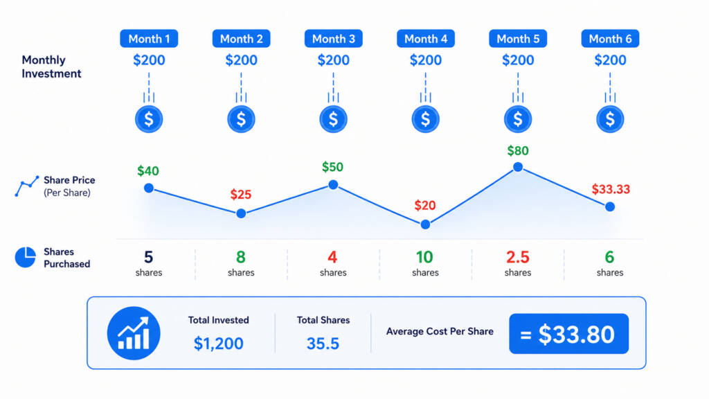 A step-by-step chart explaining how dollar-cost averaging works with monthly ETF share purchases at varying prices