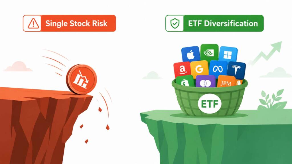 ETF diversification basket versus individual single stock risk — flat vector infographic for long-term investors
