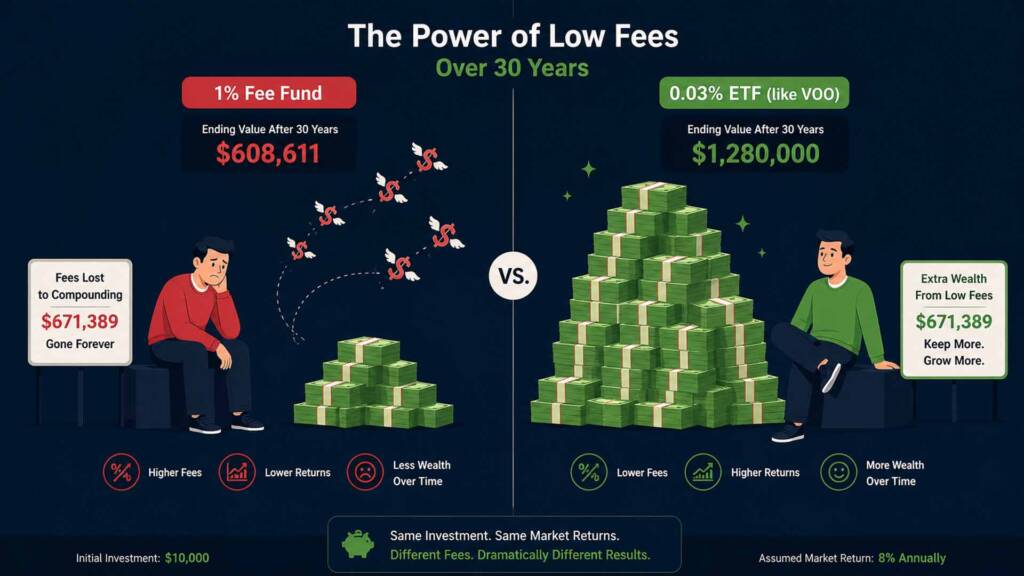 Side-by-side comparison of wealth growth with low expense ratio ETF vs high fee fund over 30 years