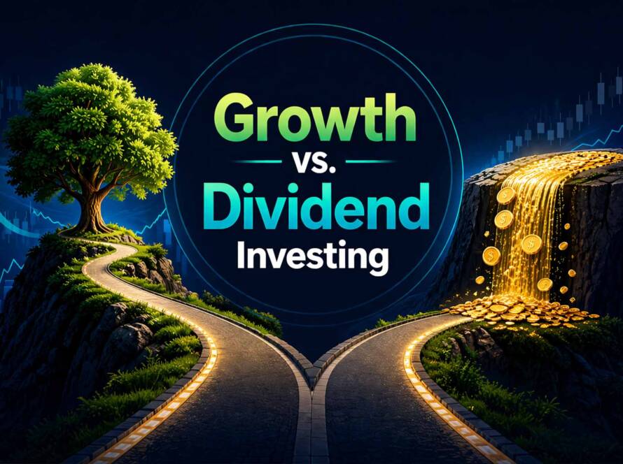 Comparison of growth vs dividend investing strategies showing a growing tree and gold coin waterfall