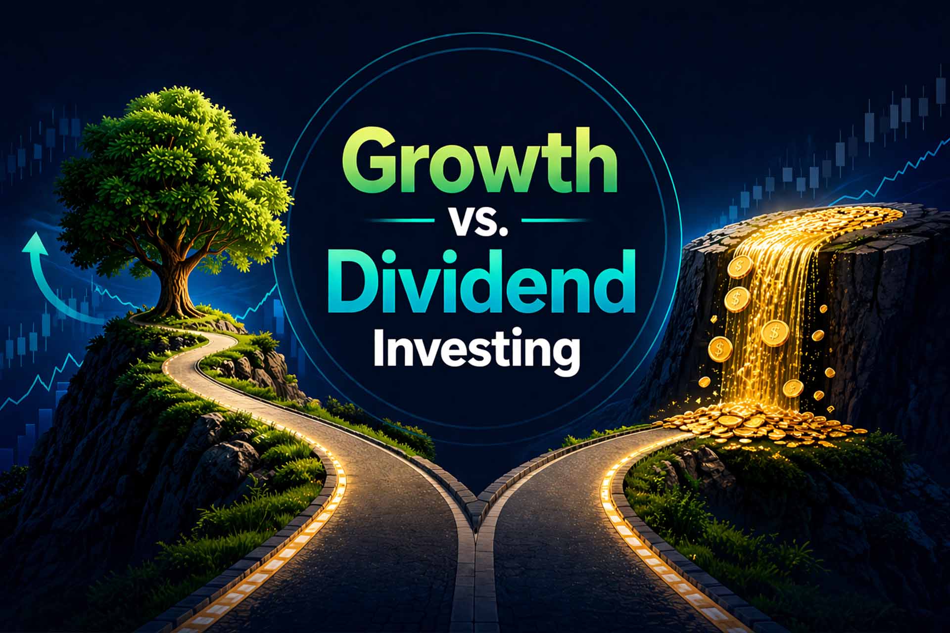 Comparison of growth vs dividend investing strategies showing a growing tree and gold coin waterfall