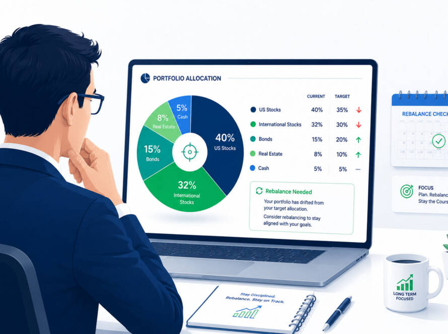 Investor reviewing portfolio rebalancing schedule on a laptop with pie chart showing asset allocation drift