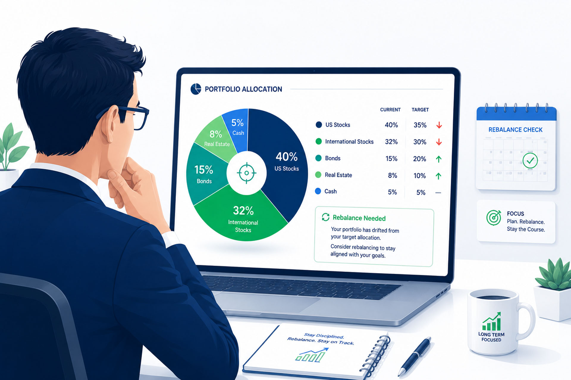 Investor reviewing portfolio rebalancing schedule on a laptop with pie chart showing asset allocation drift