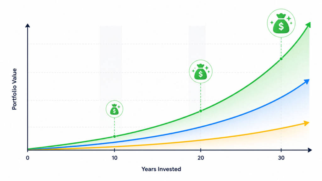 Long-term compounding growth chart showing ETF investment growing over 10, 20, and 30 years — stocks vs ETFs long term simulation