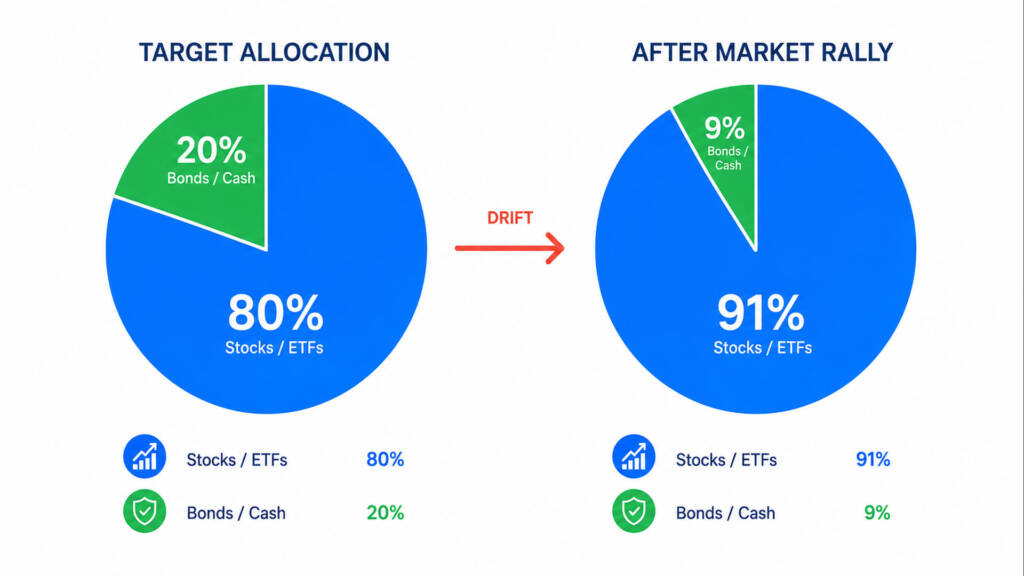 Flat vector diagram showing portfolio drift from 80/20 to 91/9 stock-bond split, illustrating the need to rebalance portfolio