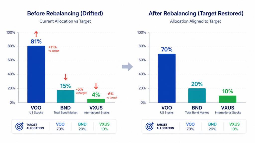 Before and after portfolio rebalancing chart showing ETF allocation drift and correction using VOO, BND, and VXUS