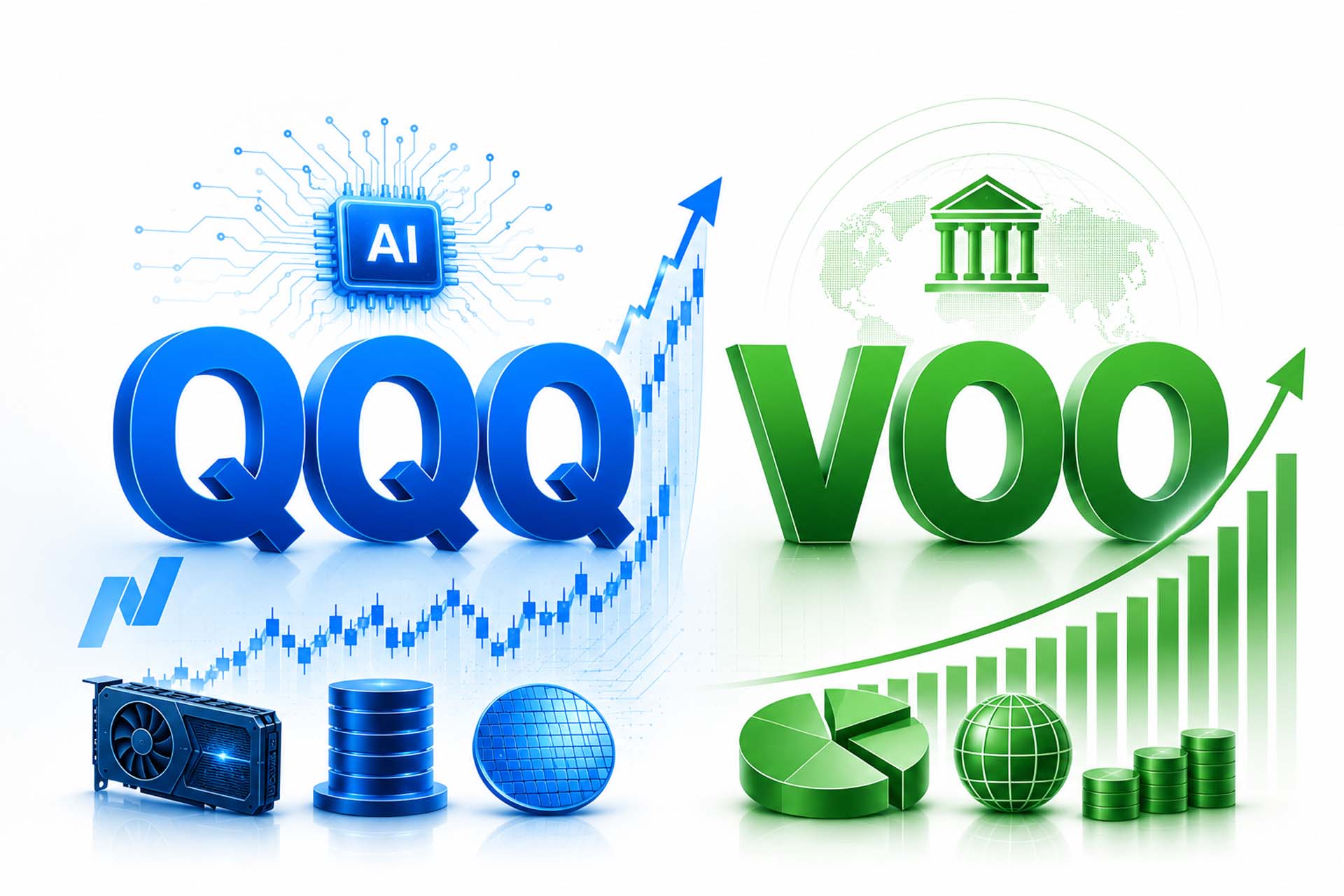 QQQ vs VOO ETF comparison showing tech-heavy Nasdaq-100 against diversified S&P 500 portfolio strategy