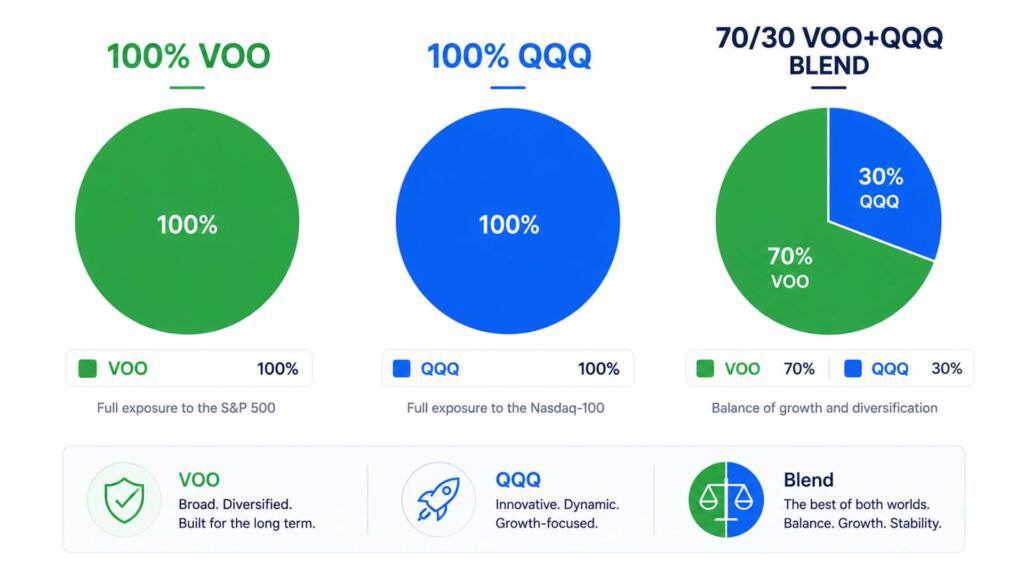 Portfolio allocation strategy chart comparing 100% VOO, 100% QQQ, and 70/30 VOO QQQ blended portfolio for long-term growth