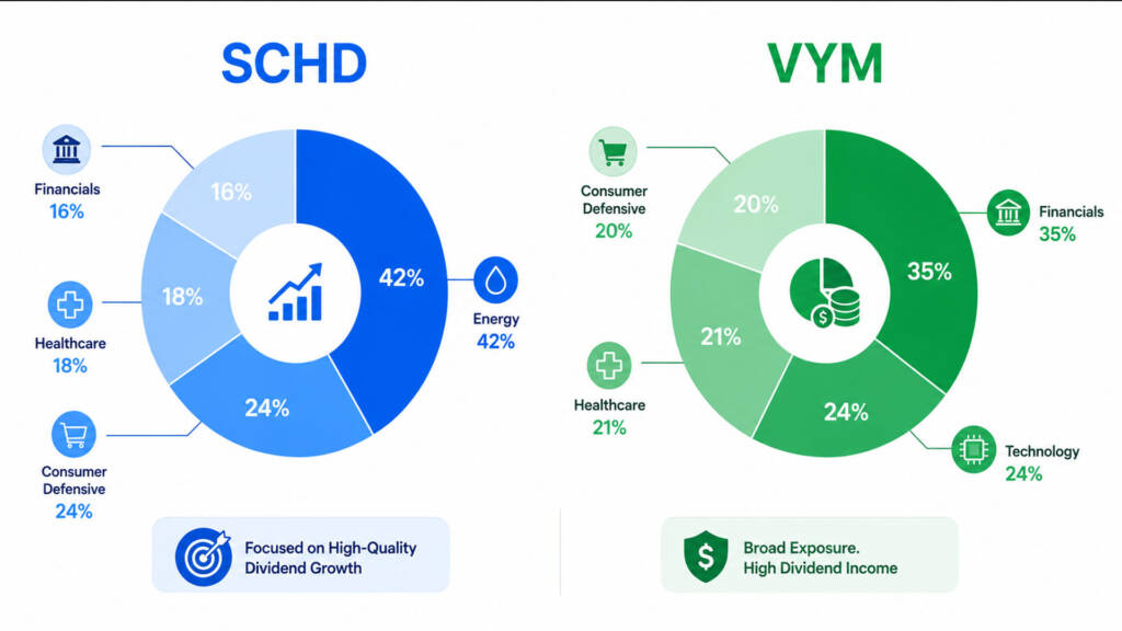 SCHD vs VYM sector allocation breakdown for passive income investing