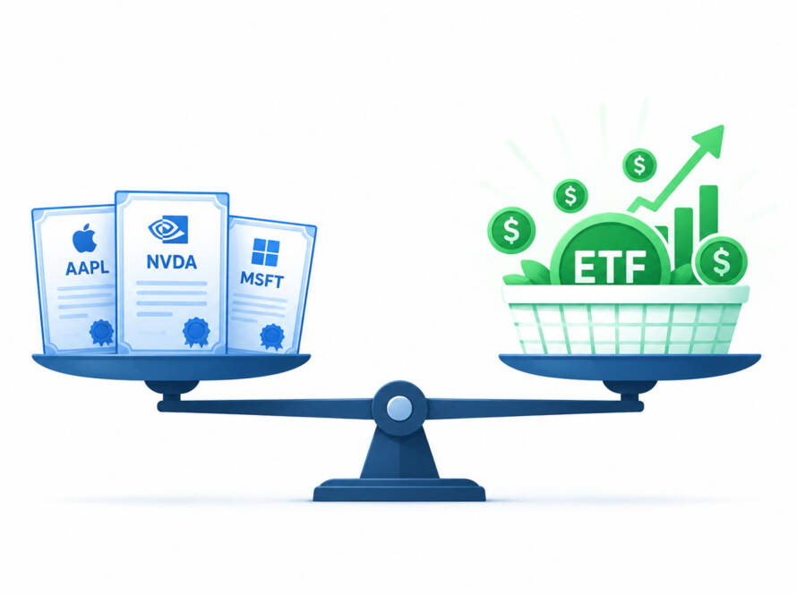 Stocks vs ETFs long term wealth comparison — flat vector illustration showing stock chart versus ETF basket on a balance scale
