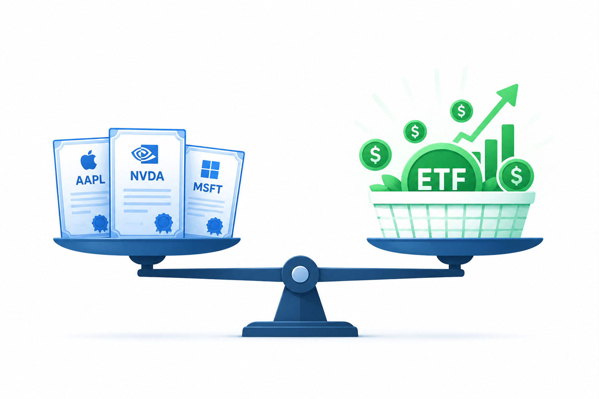 Stocks vs ETFs long term wealth comparison — flat vector illustration showing stock chart versus ETF basket on a balance scale