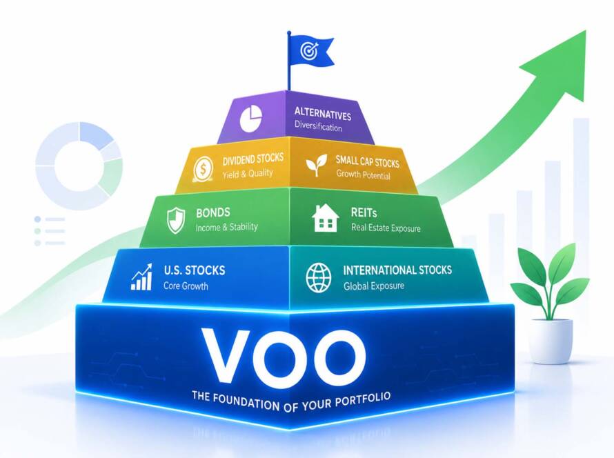 Modern flat vector illustration of the VOO ETF as the core foundation of a diversified investment portfolio