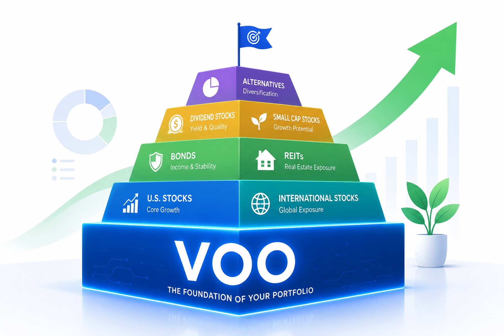 Modern flat vector illustration of the VOO ETF as the core foundation of a diversified investment portfolio
