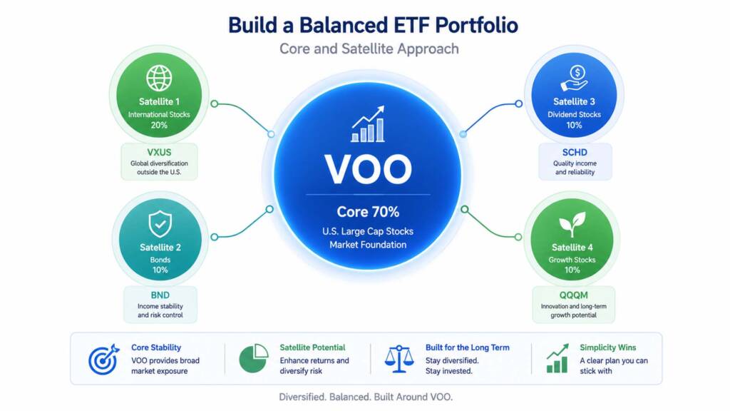 Flat vector diagram showing VOO ETF as the core holding in a core-satellite investment portfolio strategy