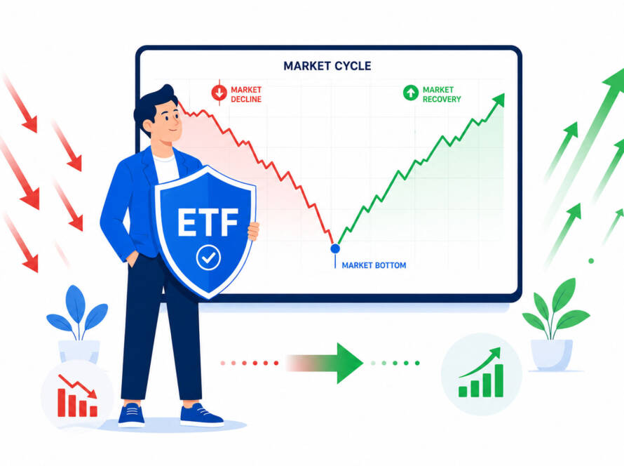 What to do when stock market crashes — flat vector illustration of a calm investor holding steady while a stock chart dips and recovers upward