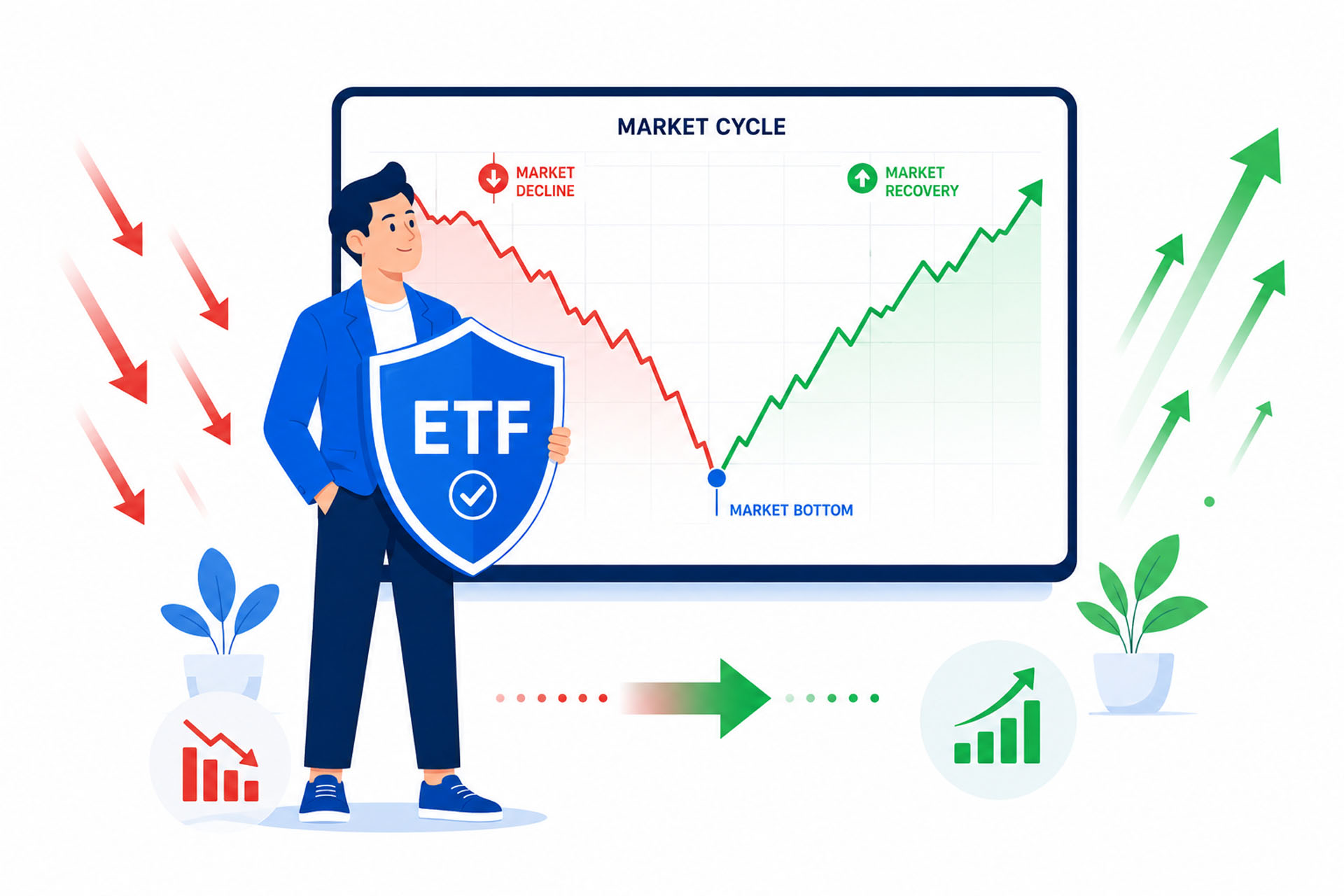 What to do when stock market crashes — flat vector illustration of a calm investor holding steady while a stock chart dips and recovers upward