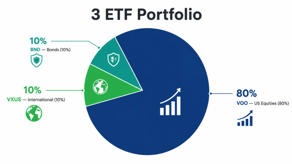 Pie chart showing 3 ETF portfolio allocation with 80% VOO, 10% VXUS, and 10% BND for long-term passive investors