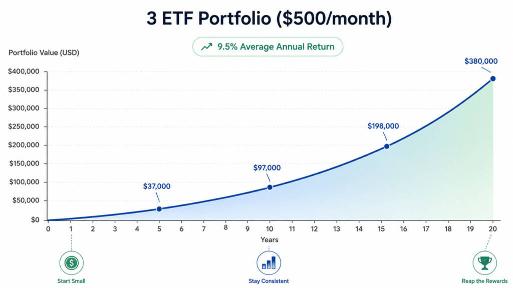 Line chart showing 3 ETF portfolio growth simulation over 20 years with $500 monthly investment in VOO VXUS BND