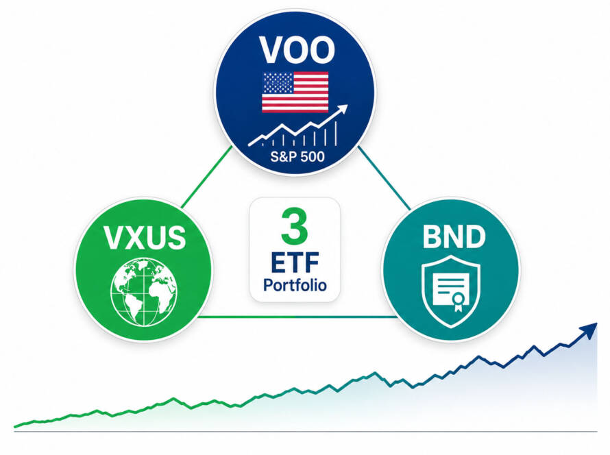 3 ETF portfolio strategy diagram showing VOO, VXUS, and BND allocation for long-term passive investors