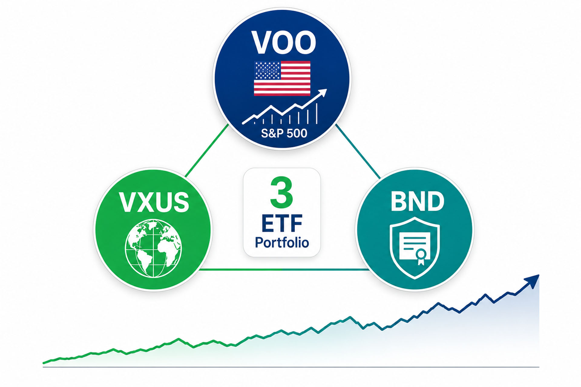 3 ETF portfolio strategy diagram showing VOO, VXUS, and BND allocation for long-term passive investors