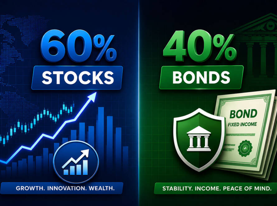 60 40 portfolio 2026 split design showing stocks and bonds allocation with growth chart