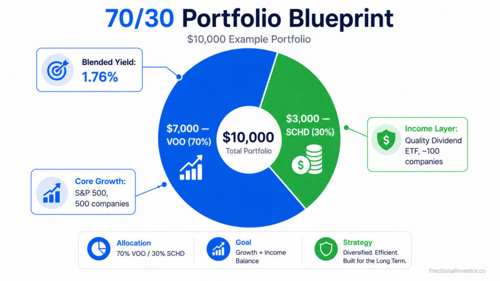 Informative infographic blueprint of the 70 30 portfolio VOO SCHD allocation with blended yield and dollar breakdown