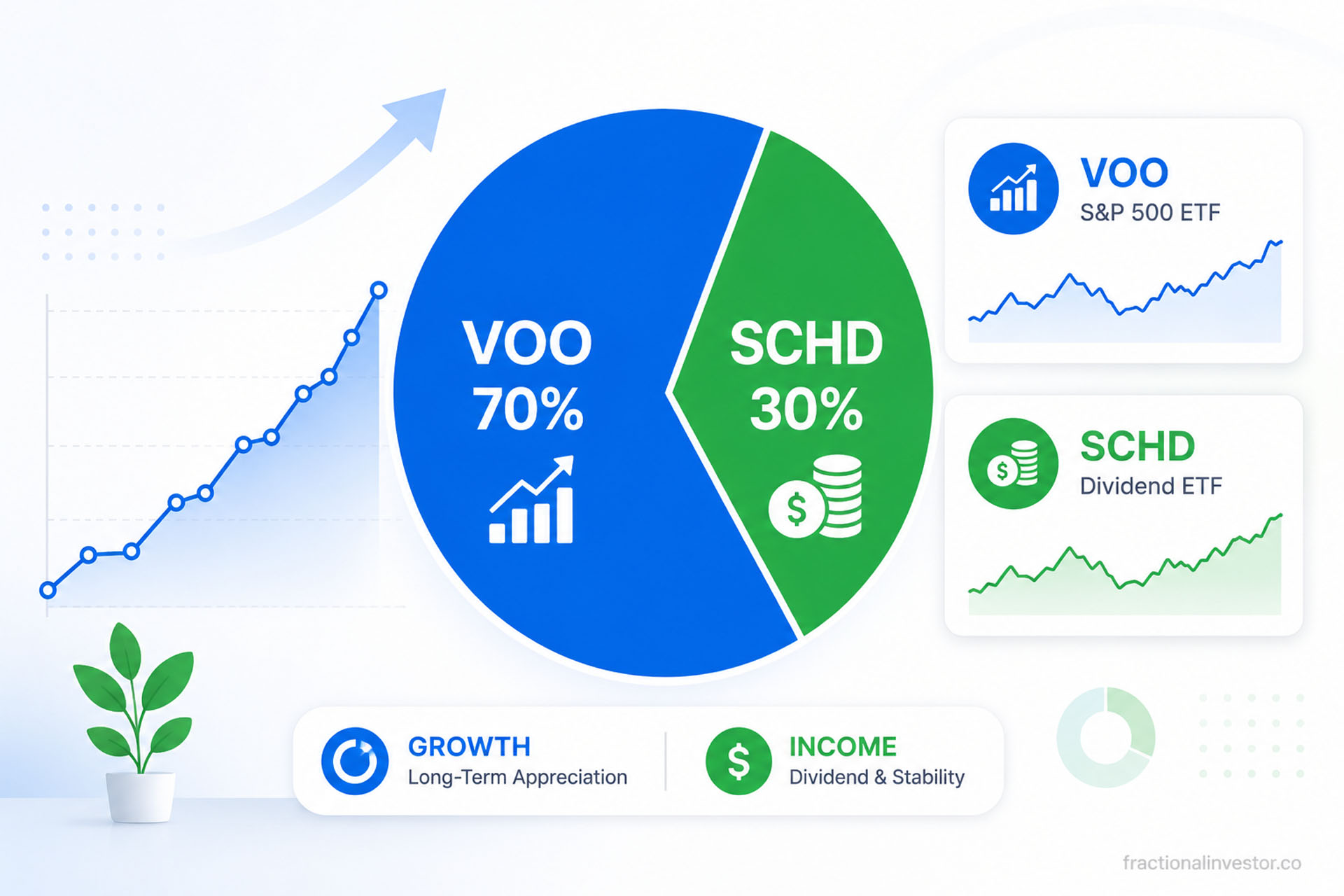 70 30 portfolio VOO SCHD strategy 2026 — flat vector editorial hero image showing two ETF cards, pie chart, and growth chart