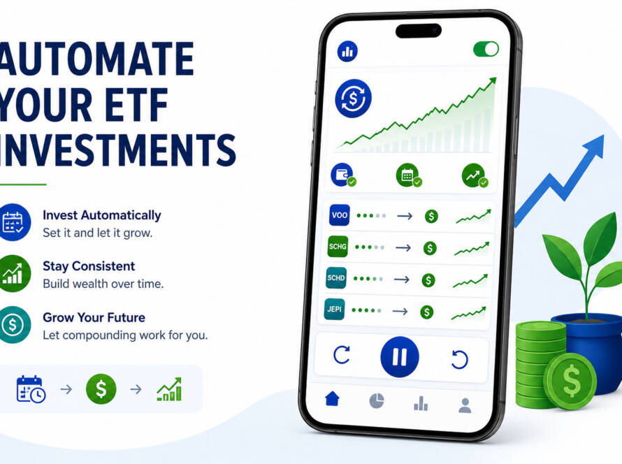 Step-by-step visual guide showing how to automate investments with an ETF strategy using dollar cost averaging on a phone app dashboard