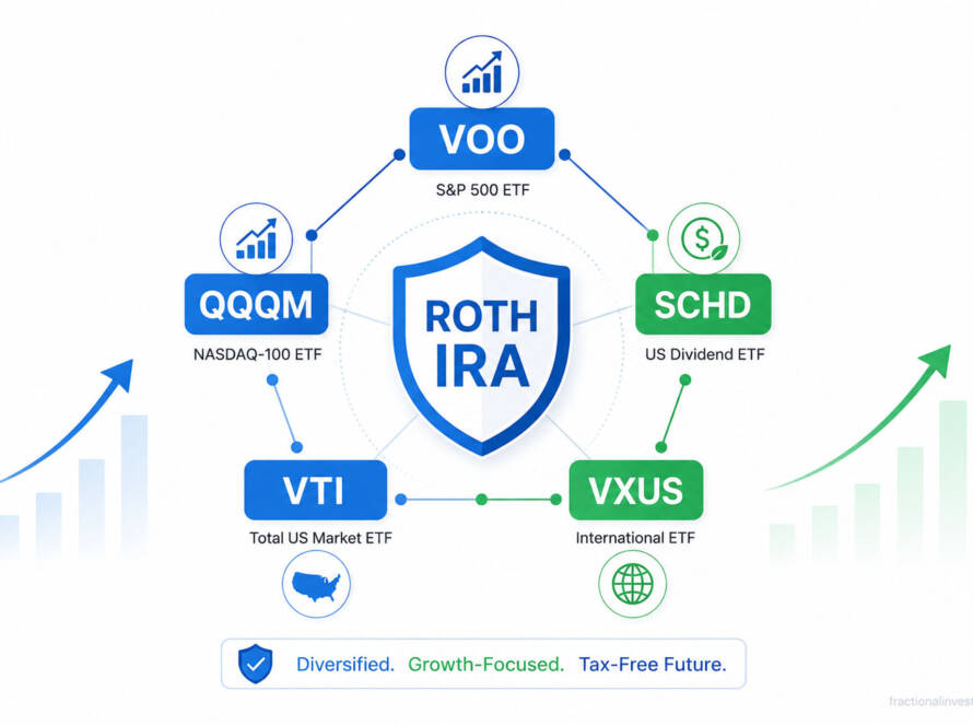 Best ETF Roth IRA 2026 — flat vector illustration showing VOO, QQQM, SCHD, VTI and VXUS portfolio icons on a clean white background