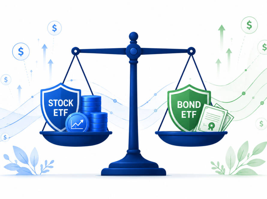 Bond ETF beginners 2026 guide — flat vector illustration of a portfolio balance scale with stocks and bonds, blue and green color palette