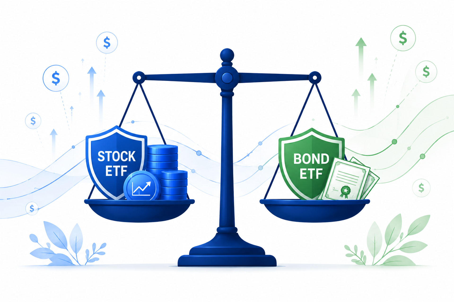 Bond ETF beginners 2026 guide — flat vector illustration of a portfolio balance scale with stocks and bonds, blue and green color palette