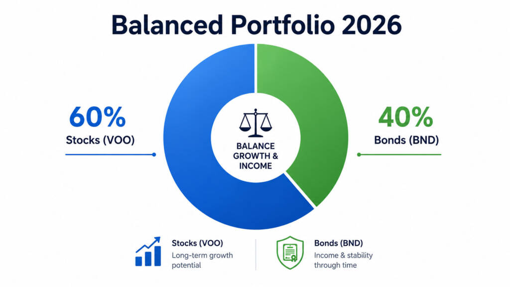 Bond ETF portfolio allocation chart for beginners 2026 showing 60% stocks and 40% bonds split with VOO and BND labels