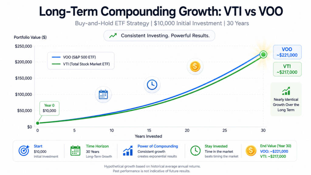 Long-term compounding growth chart for VTI and VOO buy-and-hold ETF strategy
